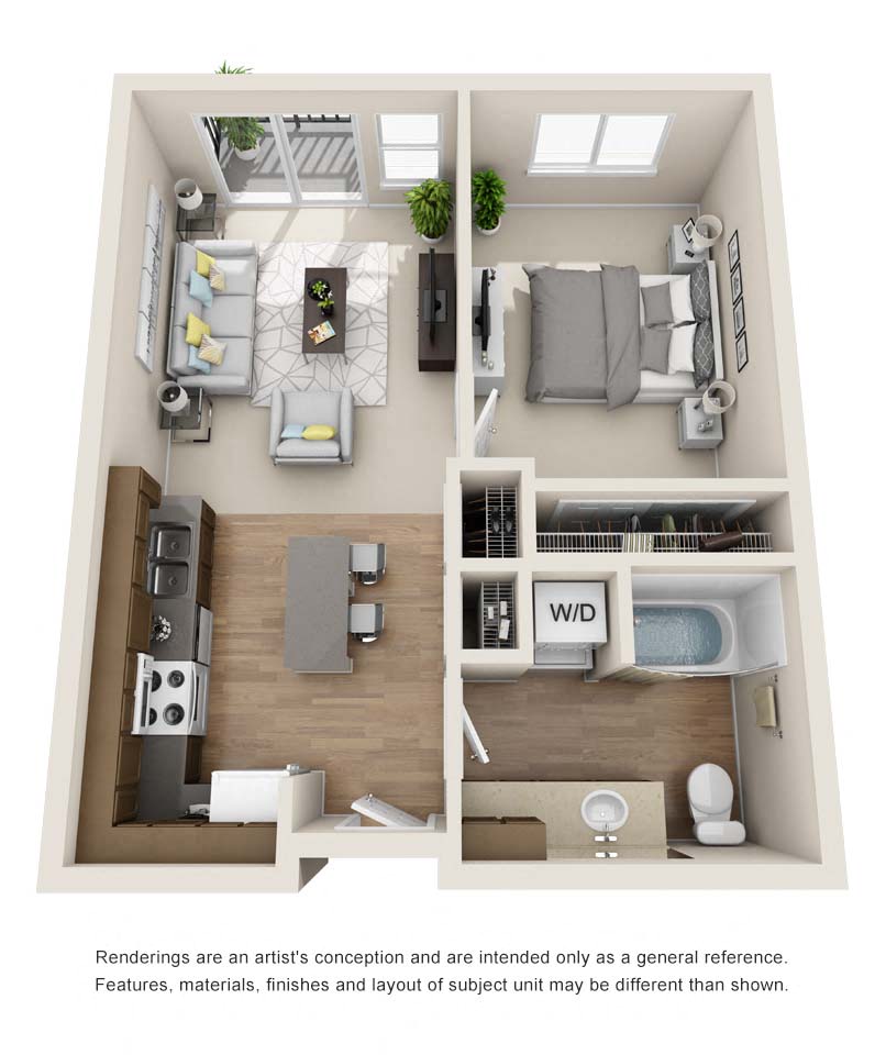 Floor plan for 1 bed, 1 bath, 612 sqft